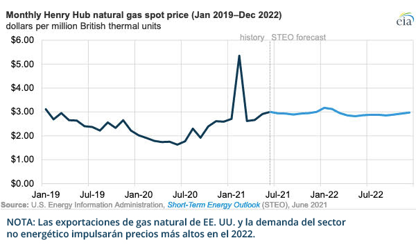 Gráfica del día | Jun 22, 2021 | Monthly Henry Hub natural gas spot price (Jan 2019-Dec 2022)