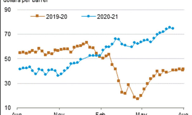 Gráfica del día | Jul 16, 2021 | Crude oil futures price contract 1 (dollars per barrel)
